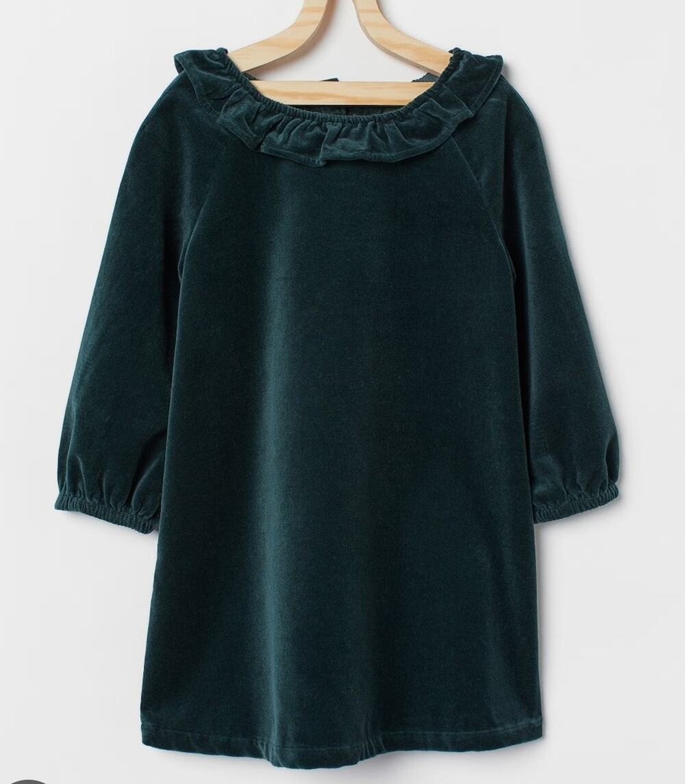 H&M Baby Girls Sz 2T / 3T Jade Green Velvet Long-Sleeve Dress Holiday Christmas